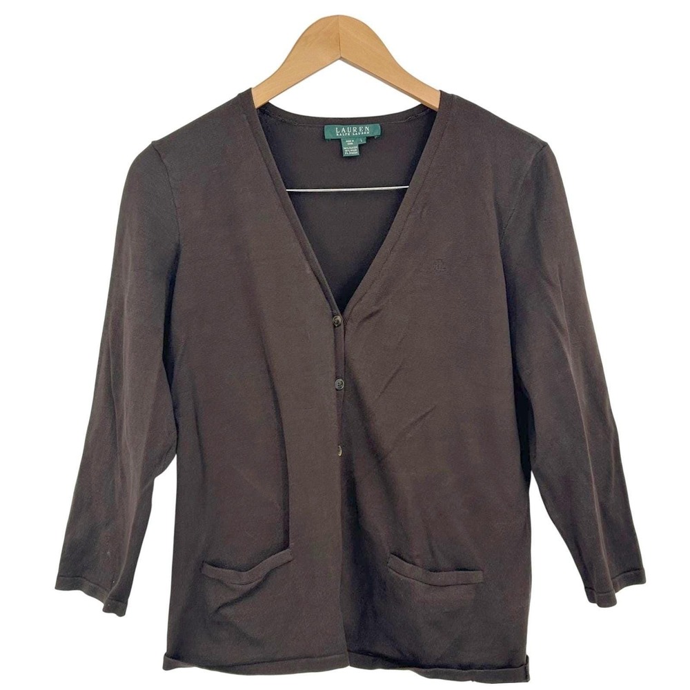 Lauren Ralph Lauren Wms Cardigan L Brown Silk Blend V-Neck Classic Old Money